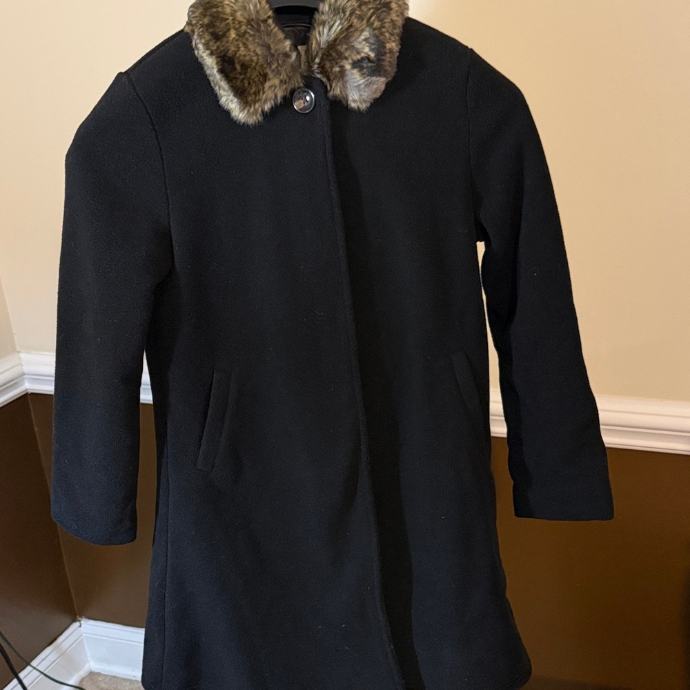 Copper Key Elegant Black Pea Coat with Faux Fur Trim
